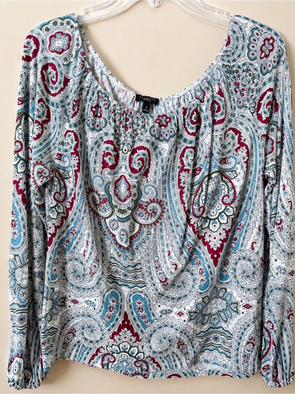 Talbots White Multi Paisley Scoop-Neck Long Sleeve Top, Small, EUC Rayon/Lyocell